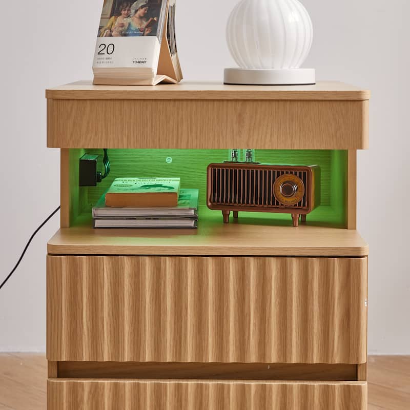 Modern Bedside Table with Gun Drawer,Bedside Table with Charging Station, 2 Drawers and Open Shelf,Side Table for Bedroom