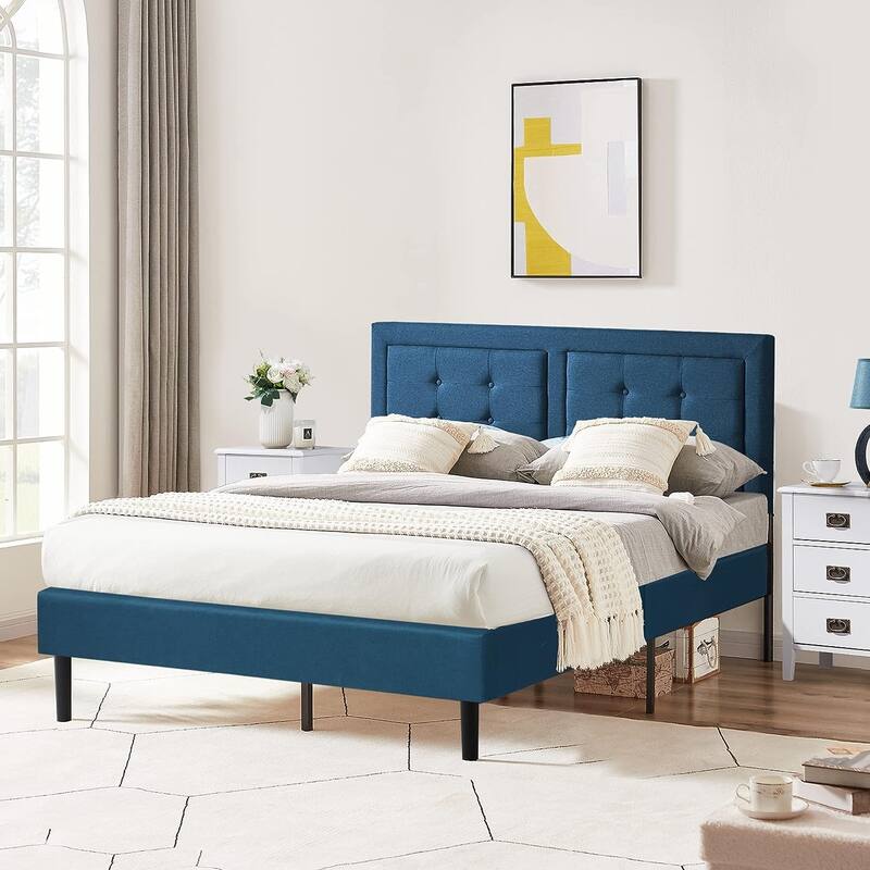Modern Upholstered Platform Bed Frames with Adjustable Headboard,Blue Beds