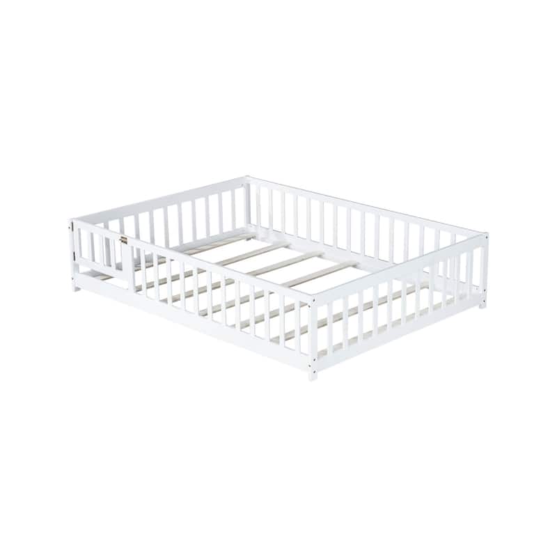 Full Size Floor Bed with Fence and Door,Rubber Wood Floor Bed with Safety Guardrails