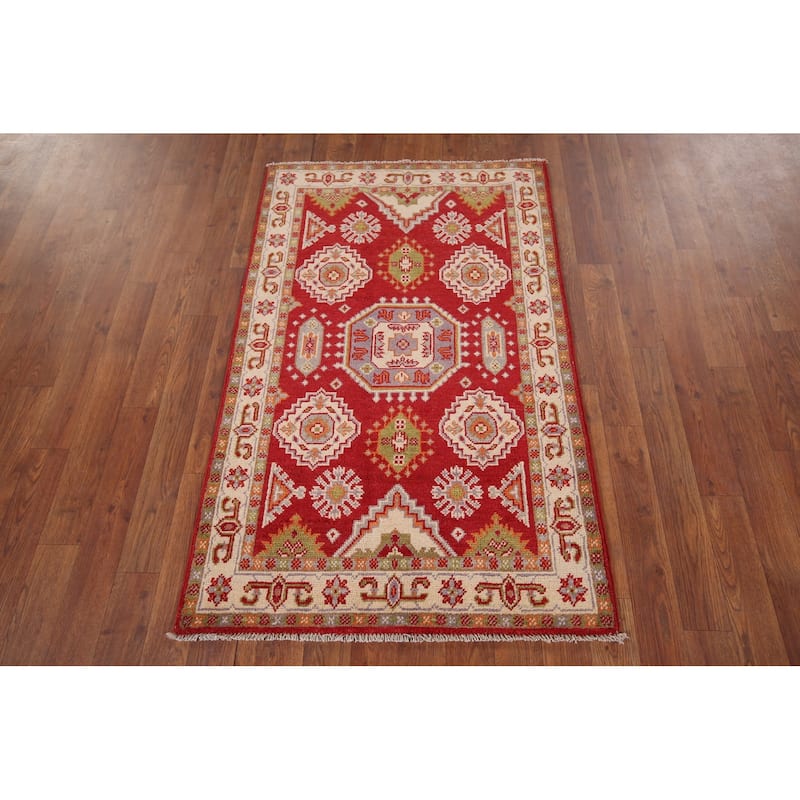 Geometric Red Kazak Accent Rug Hand-Knotted Oriental Wool Carpet - 2'7" x 4'1"