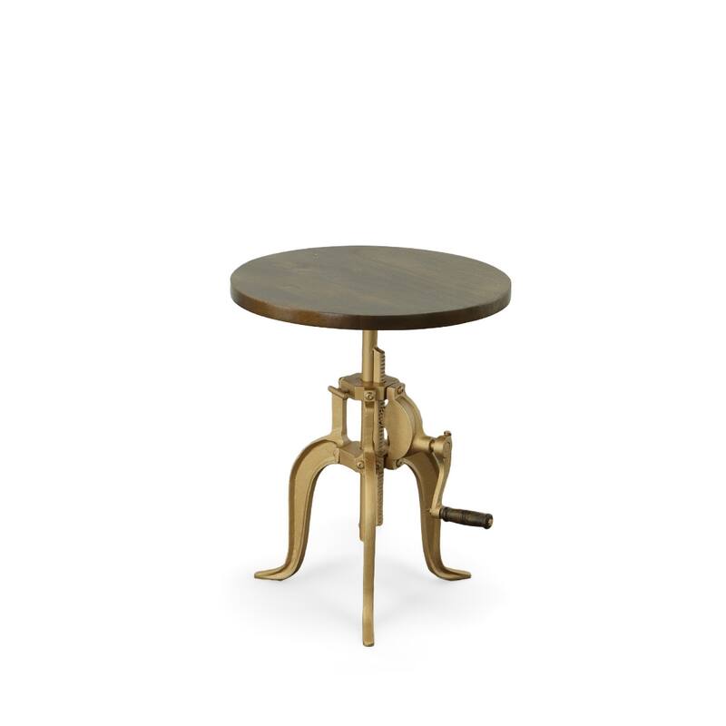 Brass Iron Base Adjustable Height End Table with Solid Wood Round Top - 18” x 18” x 19” (D x W x H)
