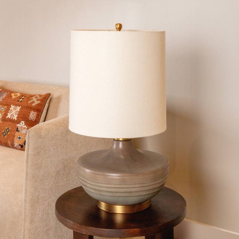 Stoneware Table Lamp with Classic Drum Shade and Stone Glaze