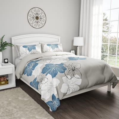 Comforter Set - Hypoallergenic Microfiber All-Season Lightweight Bedding with Floral Print by Porch & Den (Gray and Blue)