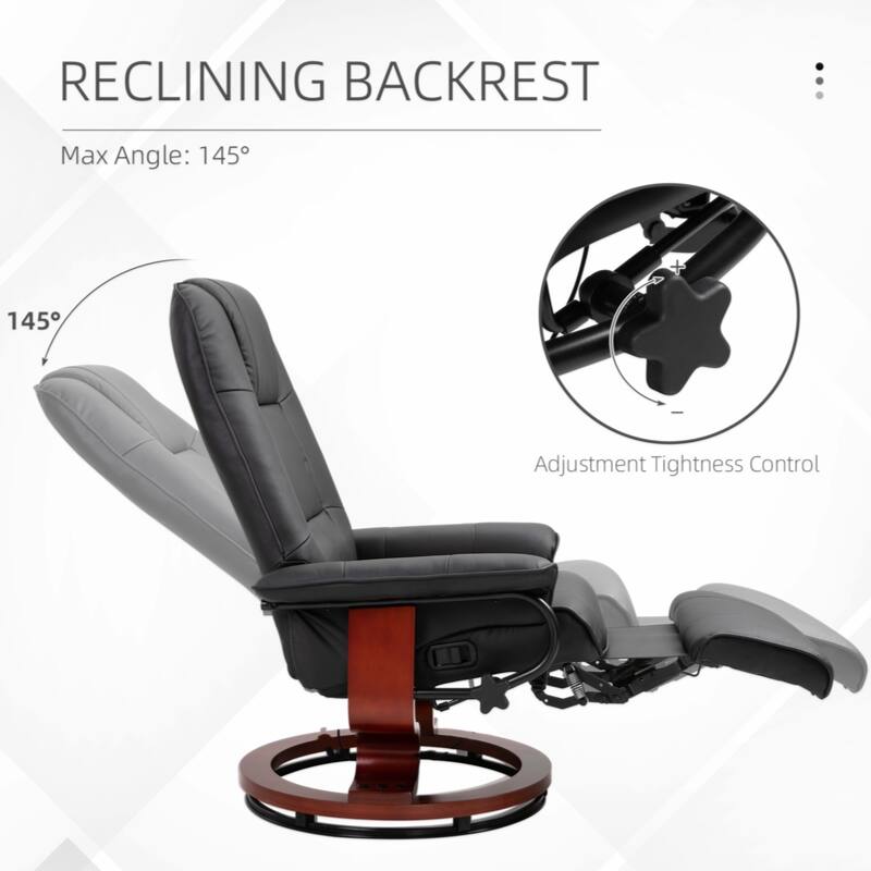 Faux Leather Manual Recliner, Adjustable Swivel Lounge Chair with Footrest, Armrest and Wrapped Wood Base, Black