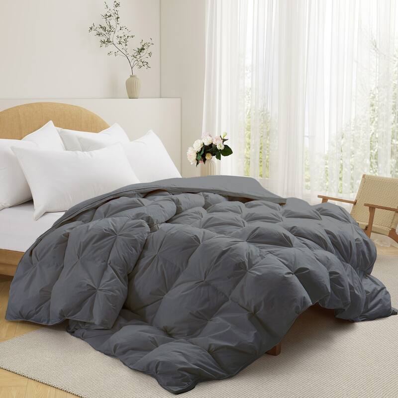 All Season White Goose Feather Down Gusseted Pintuck Pleat Comforter 100% Cotton Cover