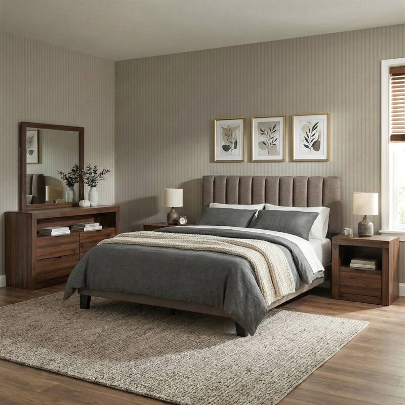 Furniture of America Merro Modern 5-Piece Solid Wood Bedroom Set - Walnut/Brown - King