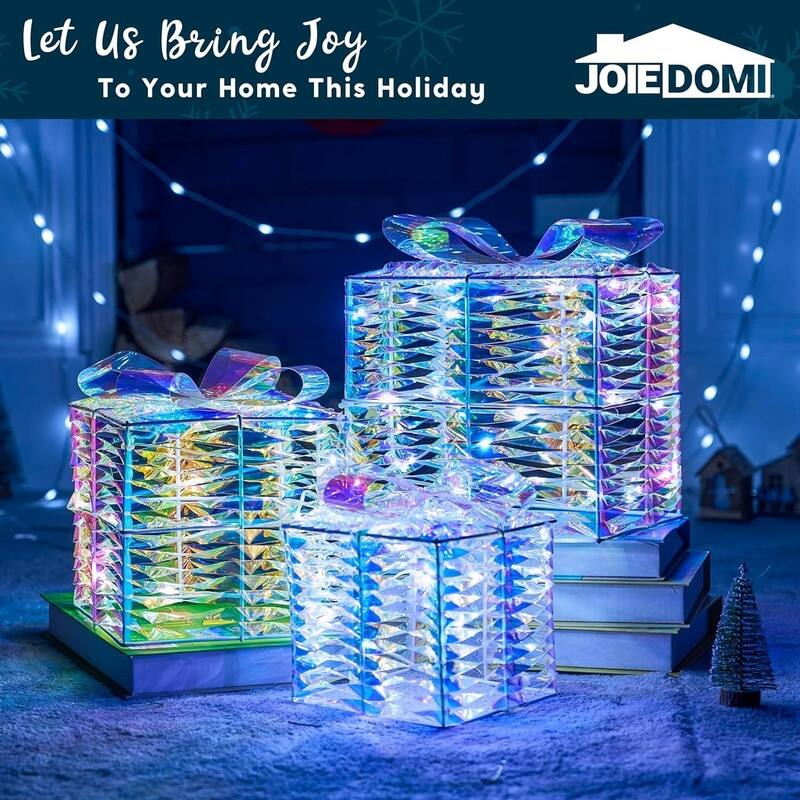 Christmas Lighted Gift Boxes - Set of 3 Iridescent Present Boxes for Indoor Holiday Décor