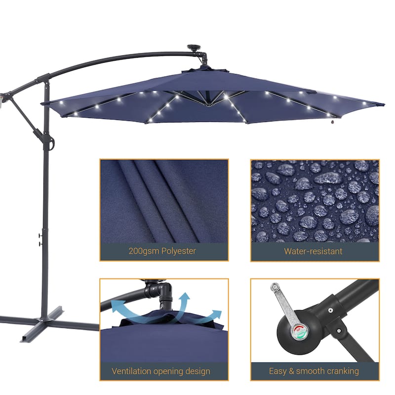 10Ft LED Patio Offset Umbrella Hanging Circle Umbrellas,w/Cross Base