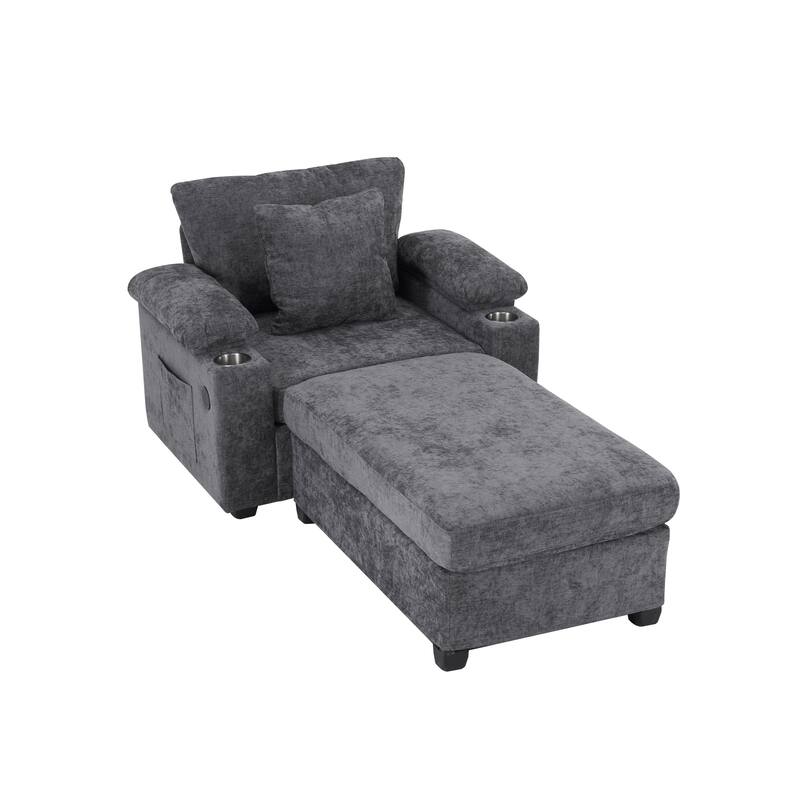 GDFStudio - Ethan Blake Oversized Chenille Chair Bed with Ottoman, Storage & USB Charging for Lounge & Apartment Living