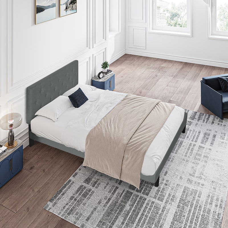 Dark Gray Queen Size Upholstered Platform Bed Frame with Button Tufted Linen Fabric Headboard