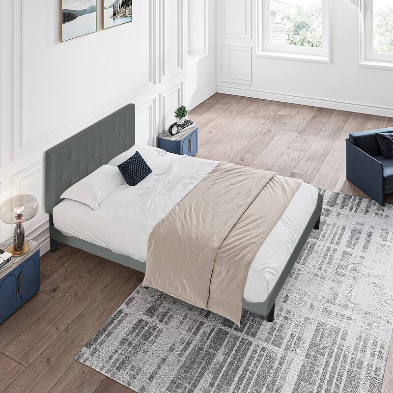 Upholstered Platform Bed Frame with Button Tufted Linen Fabric Headboard