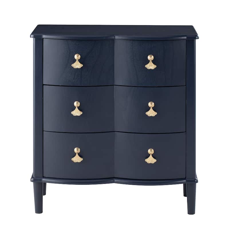 COZAYH Dark Blue 3-Drawer Dresser with Gold Leaf Handles, Vintage Curved Front