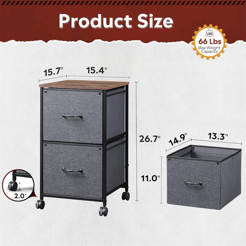 2 Drawer Mobile File Cabinet - 15.7"D x 15.4"W x 26.8"H