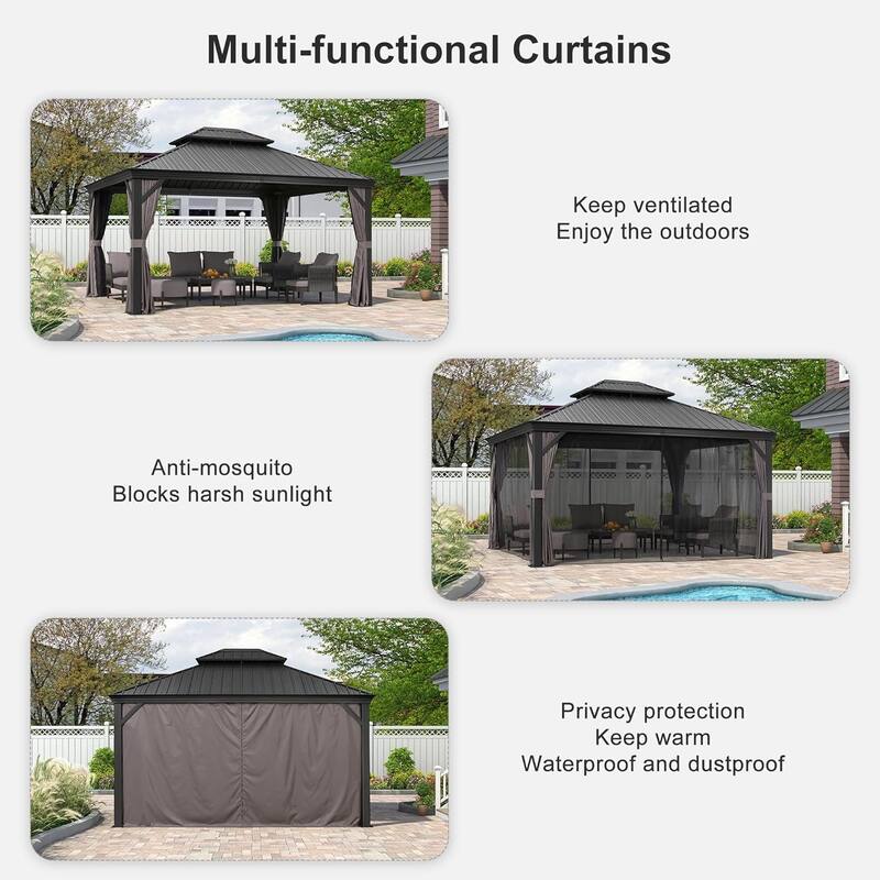 PURPLE LEAF Outdoor Galvanized Steel Hardtop Gazebo, Aluminum Frame Gazebo With Curtains and Light
