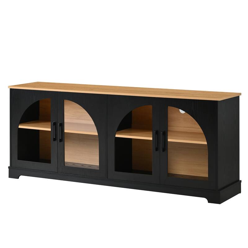 Farmhouse TV Stand for TVs up to 70" with Semi-Arched Glass Doors, Two-Tone Media Console with Adjustable Shelves