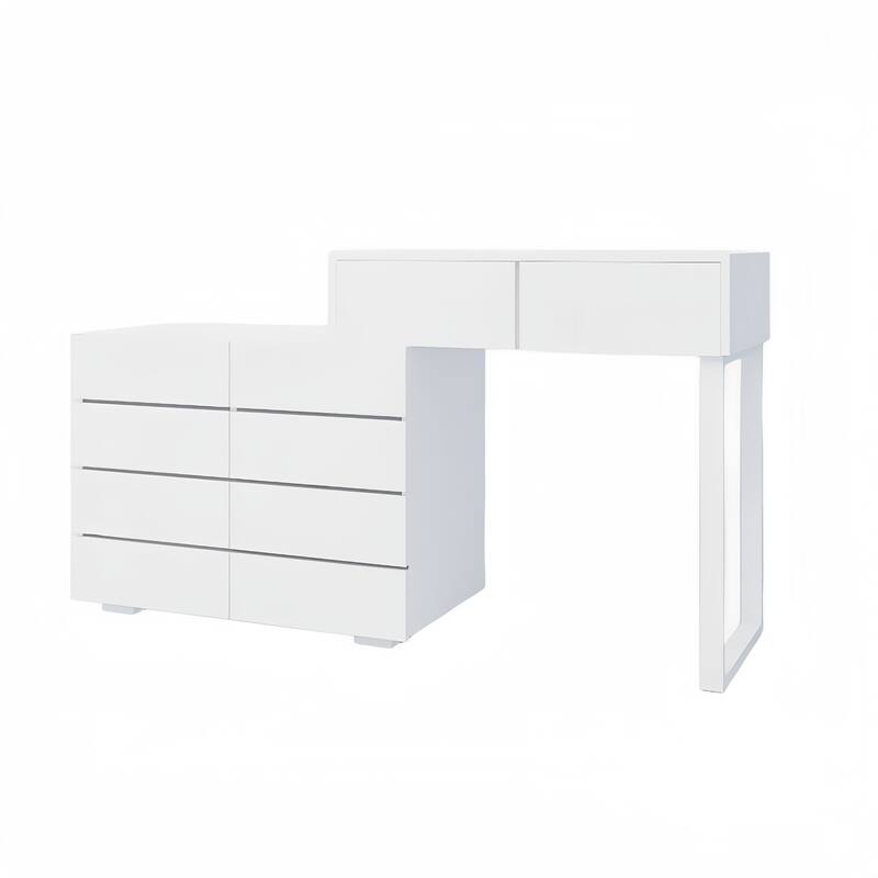 Extended Desktop 10 Drawers Chest without Handle White Color Vanity
