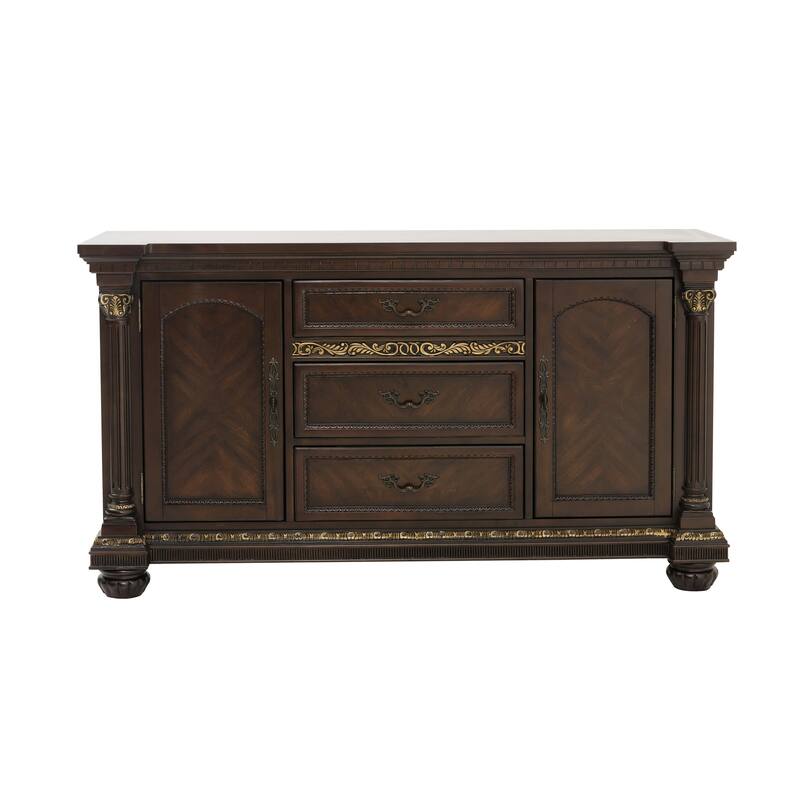 Hilton 66 Inch Buffet Console, 3 Drawers, 2 Cabinets, Cherry Brown and Gold