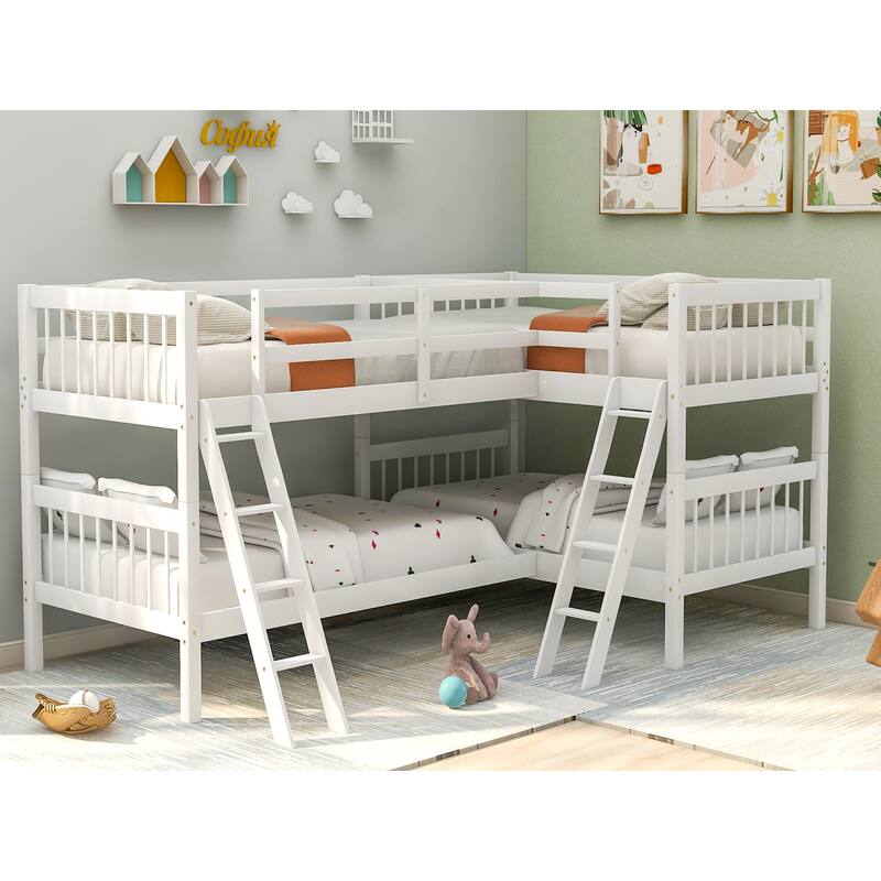 L Shaped Twin Size Bunk Bed Frame with 2 Ladder, Solid Pinewood Twin over Twin Size Bunk Bed Frame with Safety Guardrail