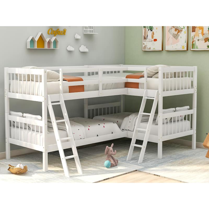 Space-Saving L-Shaped Twin Bunk Bed with Ladder, Gray Finish - White