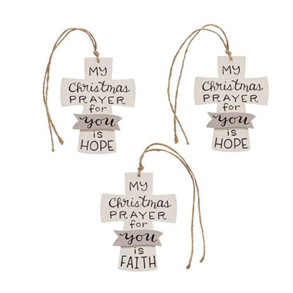 White Layered Wood Cross Ornaments with Inspirational Christmas Messages and Jute String 3 Asstd. - 4.75”H x 3.5”W x 0.25”D