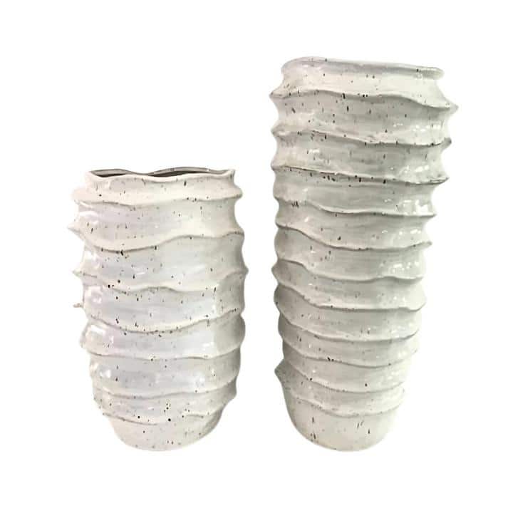 White Creamy Ceramic Grooved Vases Modern Decorative Set of Two Pieces - White