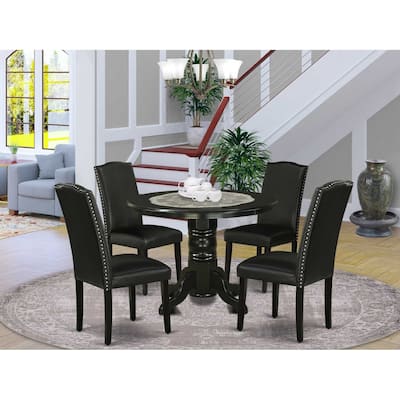 HomeStock 5-Piece Round Black Finish Solid Wood Top Dining Table with 4 Black Faux Leather Upholstered Parson Chairs, Seats 4