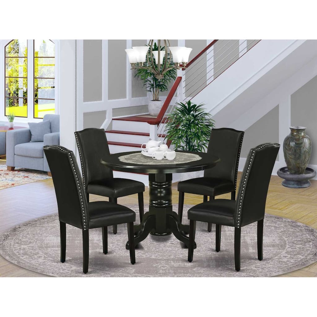 HomeStock 5-Piece Round Black Finish Solid Wood Top Dining Table with 4 Black Faux Leather Upholstered Parson Chairs, Seats 4