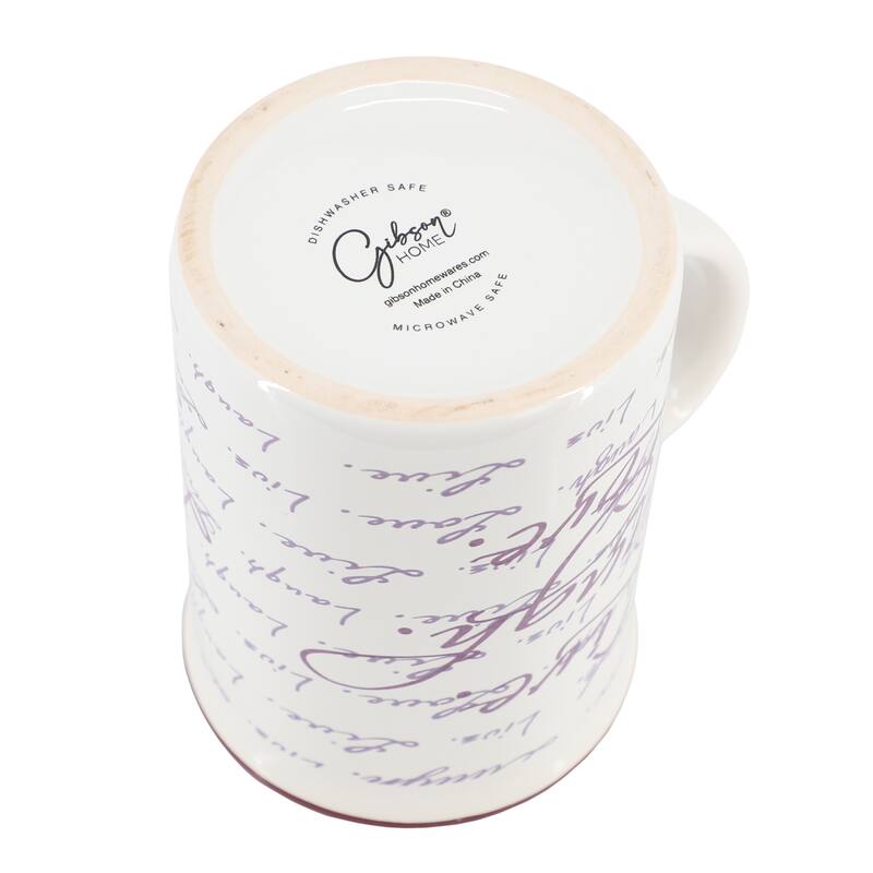 Gibson Home Inspirational Words Live, Laugh, Love 4 Piece 16 Ounce Stoneware Mug Set in Purple