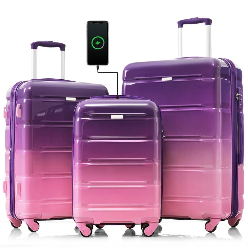 3 Piece Expandable Luggage Set, PC+ABS Durable Hard Shell Carry-on Suitcase with USB Port and Spinner Wheels, for Travel