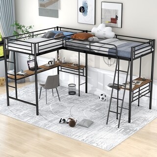 L-Shaped Bunk Bed Metal Loft Bed with 2 Built-in Desks