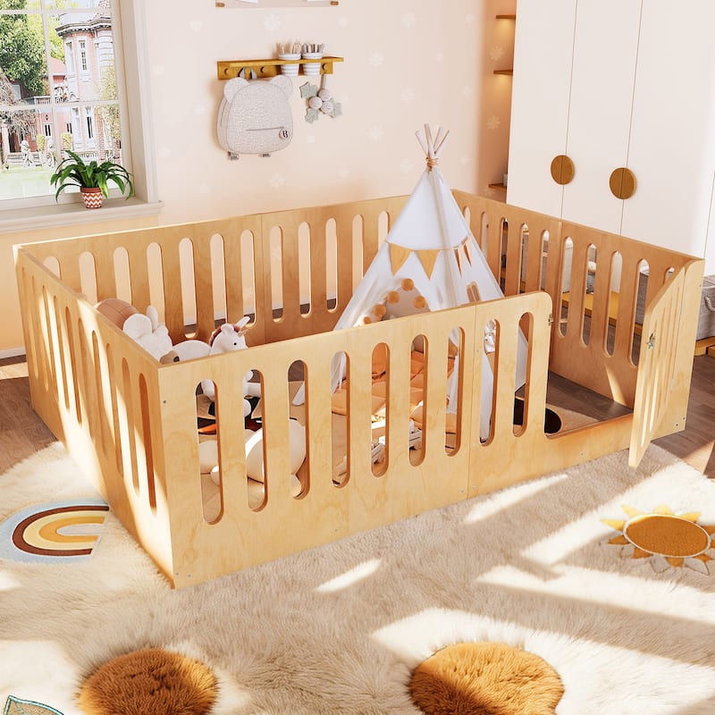 Toddlers Montessori Floor Bed with High Fence, Door, Low Profile Platform Bed Frame for Kids with No Box Spring Needed, No Slats - Natural - Queen