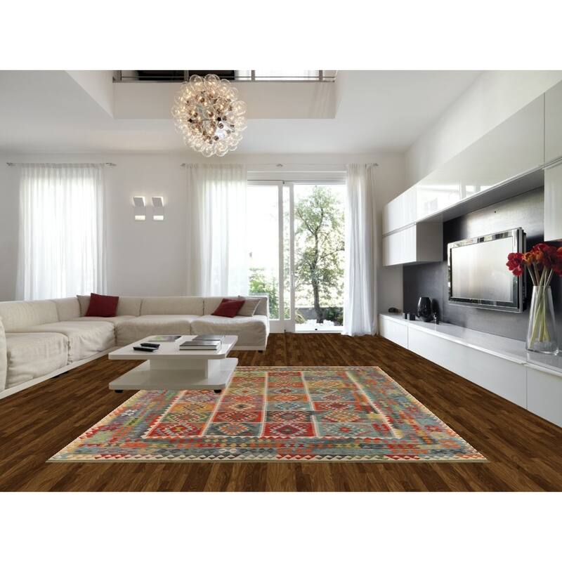 Geometric Colorful Kilim Oriental Area Rug Flatweave Wool Carpet - 9'9" x 13'0"