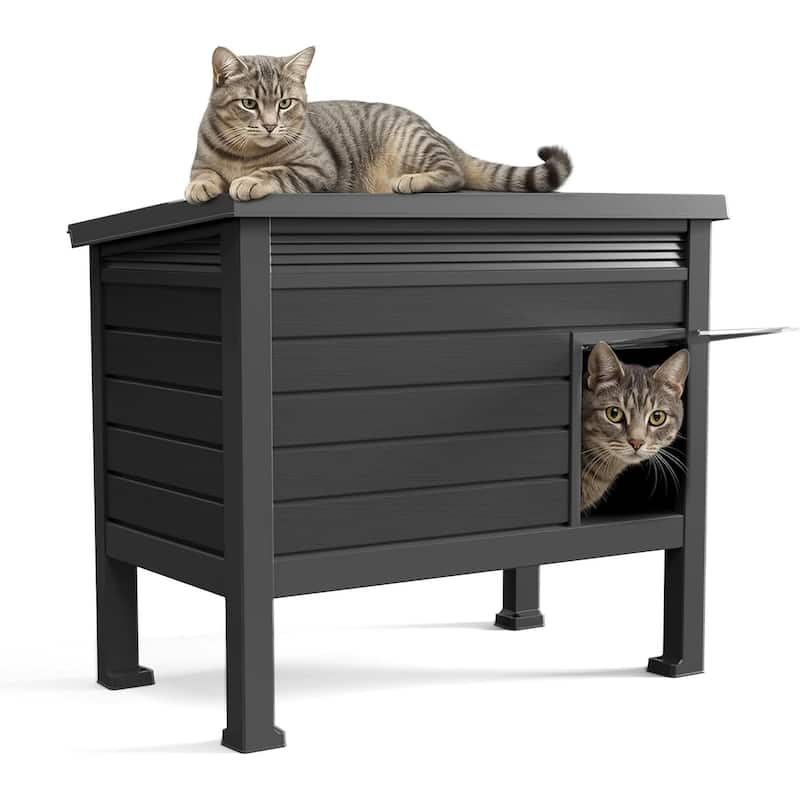 Outdoor Cat House,Weatherproof Resin Feral Cat Shelter(Black) - black 