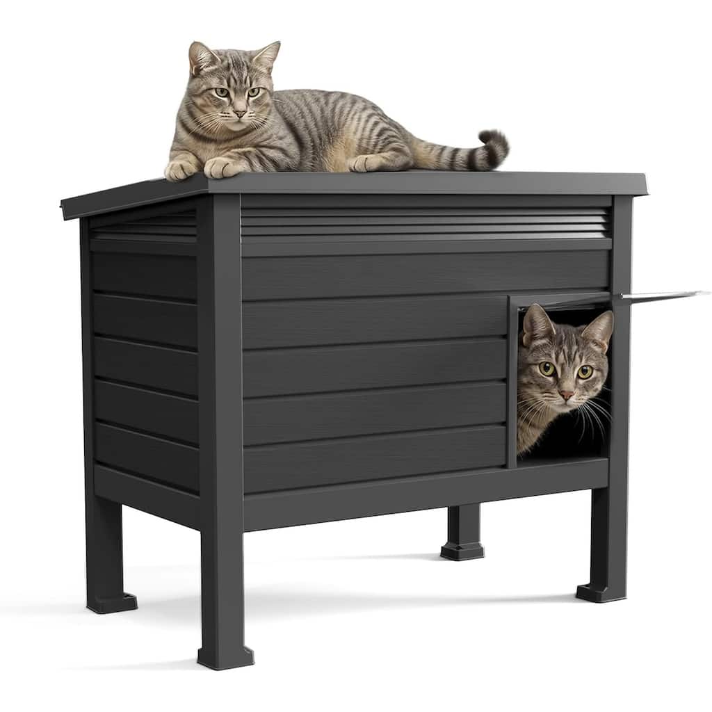 Outdoor Cat House,Weatherproof Resin Feral Cat Shelter(Black)