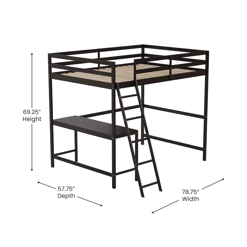 Traditional Wood Slat Loft Bed with Integrated Desk & Ladder