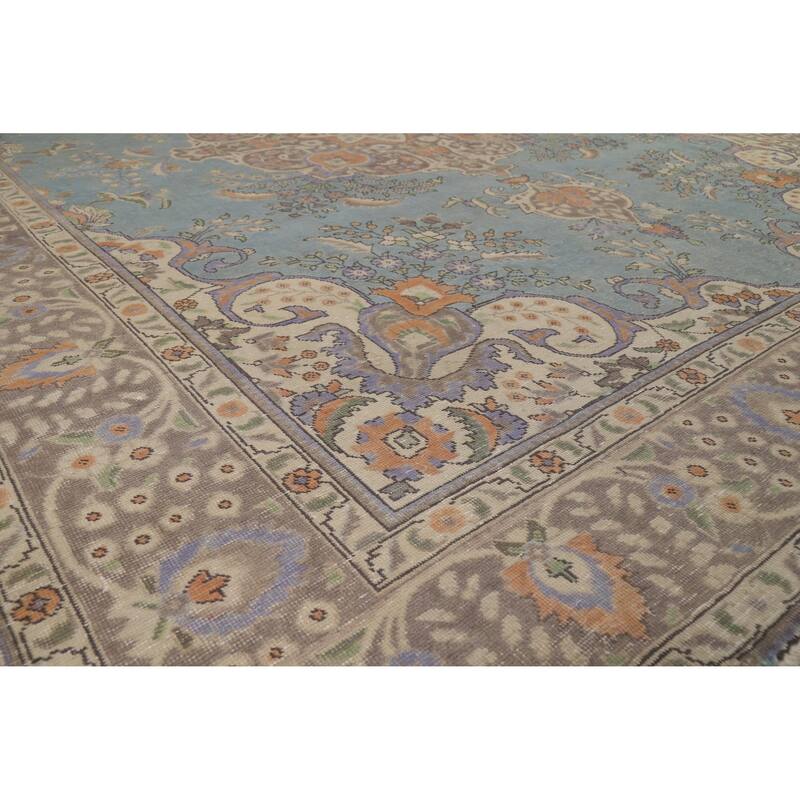 Blue Medallion Tabriz Persian Vintage Rug Hand-Knotted Wool Carpet - 9'7" x 12'4"
