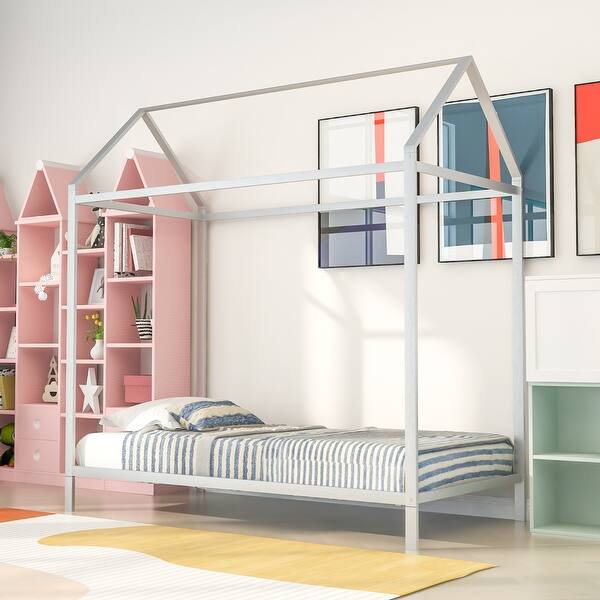 slide 2 of 9, Kids Twin Metal House Bed Frame - Sturdy Platform Bed with Adjustable Height and Creative Playhouse Design Silver
