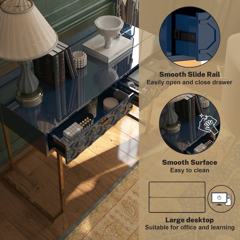 Clihome Glossy Home Office Writing Desk with Storage Drawers