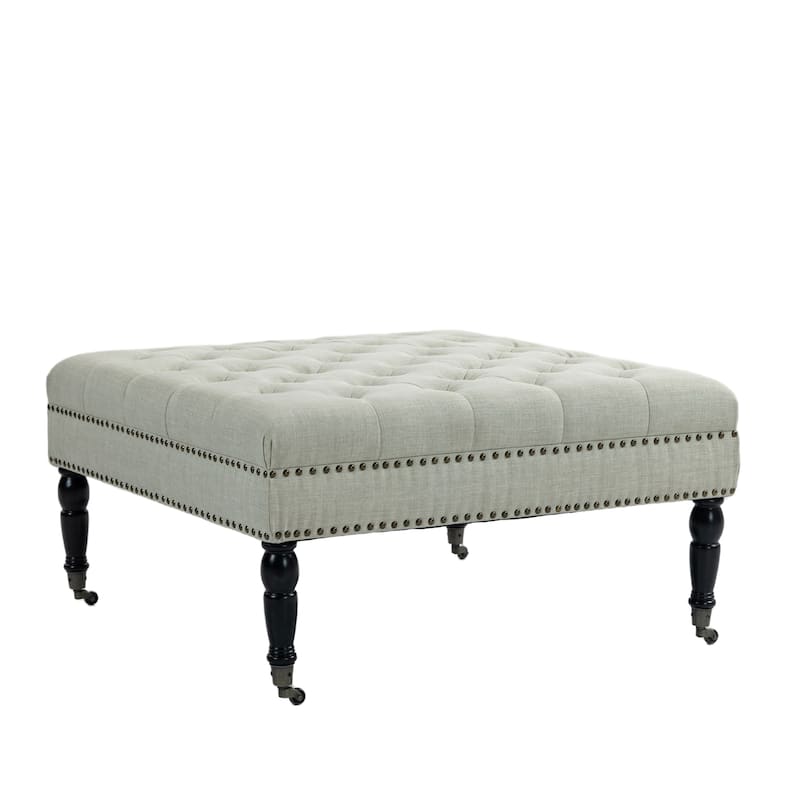 Beatrice 34-in Pleated Tufted Linen Cocktail Ottoman Caster Wheels