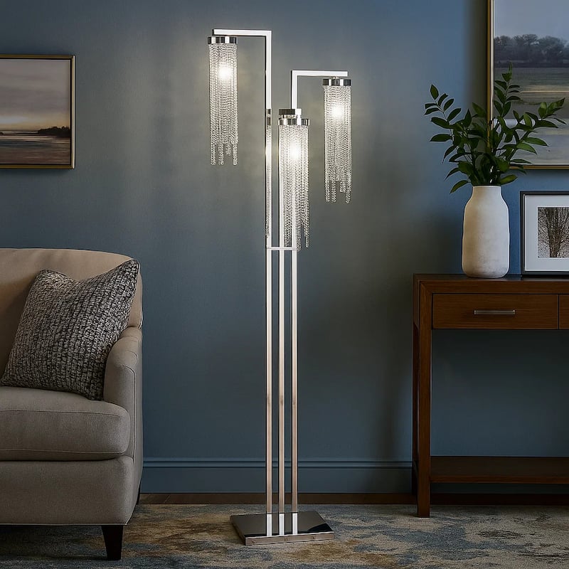 61 Inch Floor Lamp, 3 Crystal Cascade Style Shade, Chrome Finished Metal