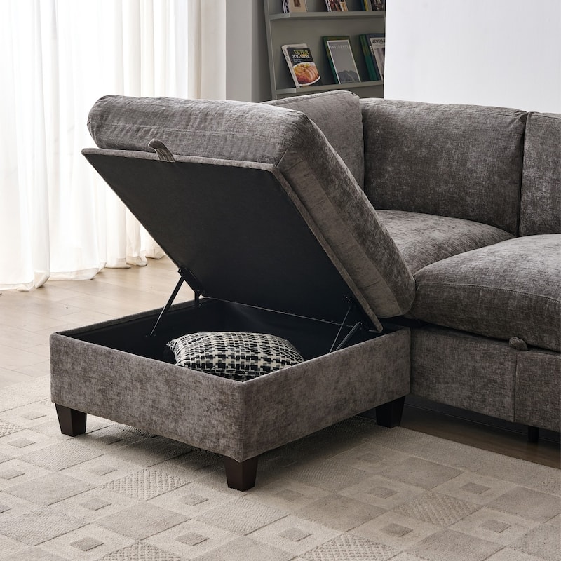 96.5" L-Shaped Chenille Sectional Sofa with Storage and Movable Ottoman