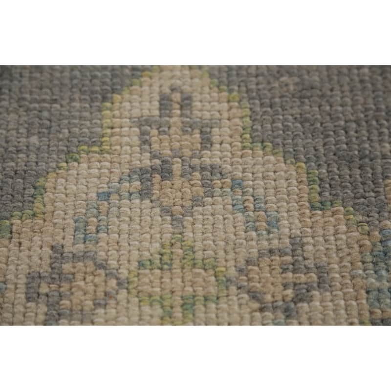 Hand Knotted Oriental 100% Wool Carpet Transitional Floral Greys & Charcoal Oushak Runner Rug - 14' 7'' X 3' 4''
