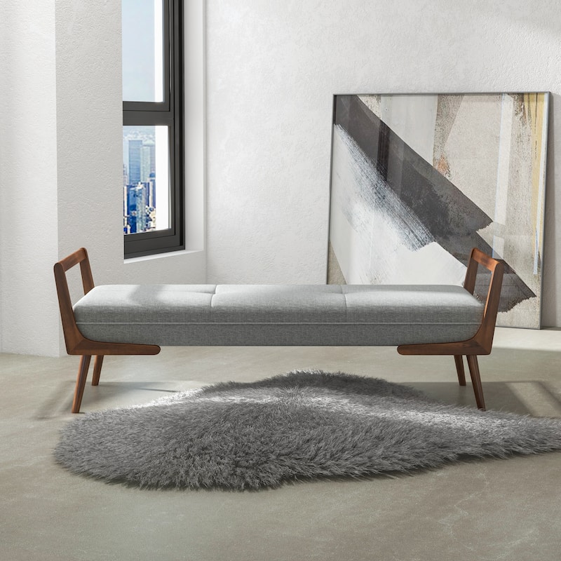 Donatello Mid Century Modern Fabric Upholstered Bench in Grey - Walnut