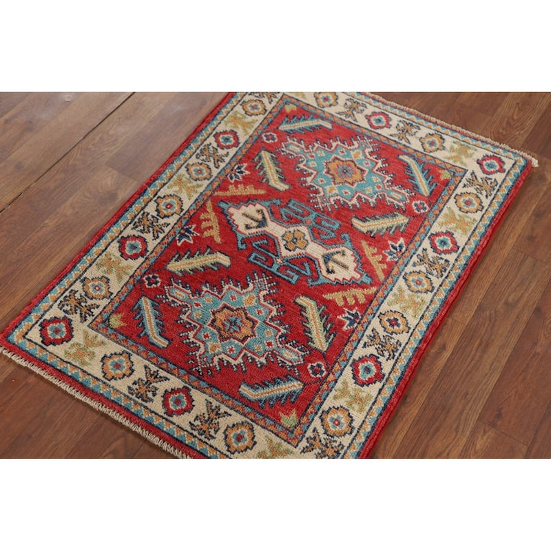 Red Geometric Kazak Oriental Accent Rug Hand-Knotted Wool Carpet - 2'0" x 2'10"