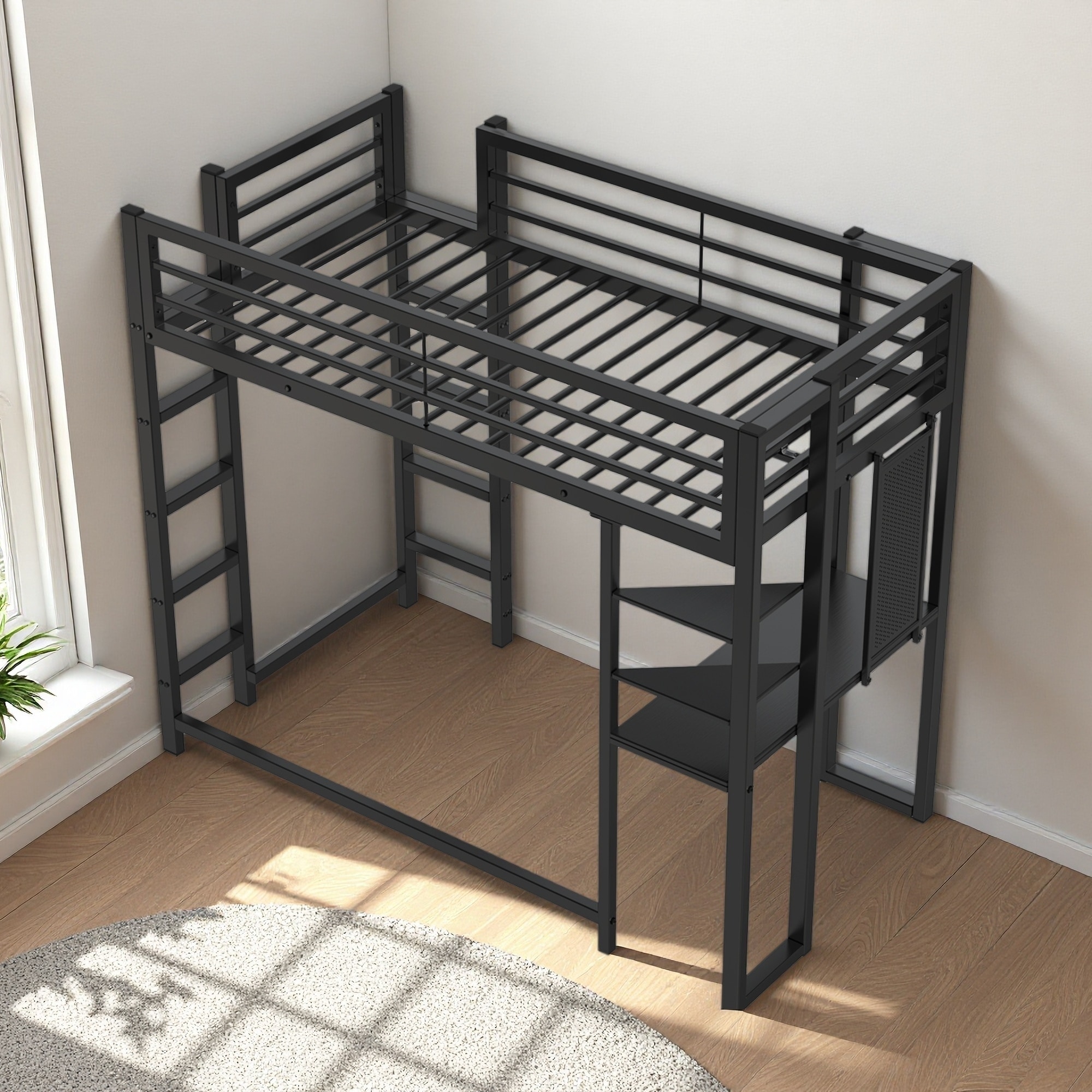 Twin Size Metal Loft Bed with Desk, Storage Shelves and Full-Length Guardrails