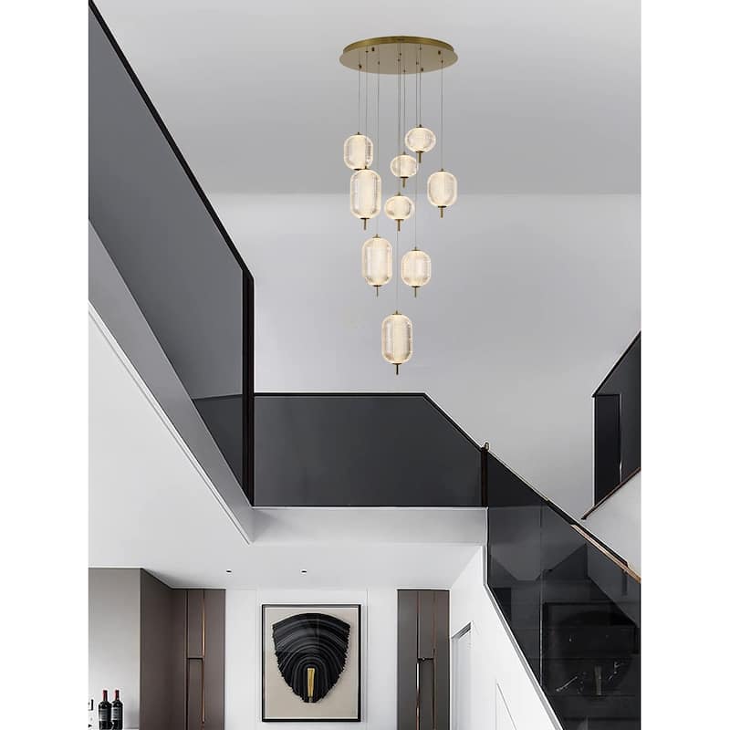 9-Light Flushed Brass Dimmable LED Chandelier With Hanging Clear PC shades