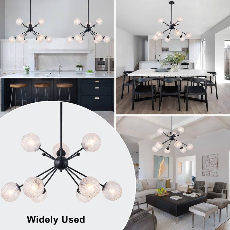 31.5" 9-Light Modern Black Sputnik Pendant Light Pineapple Glass Globe - Dia.31.5-in