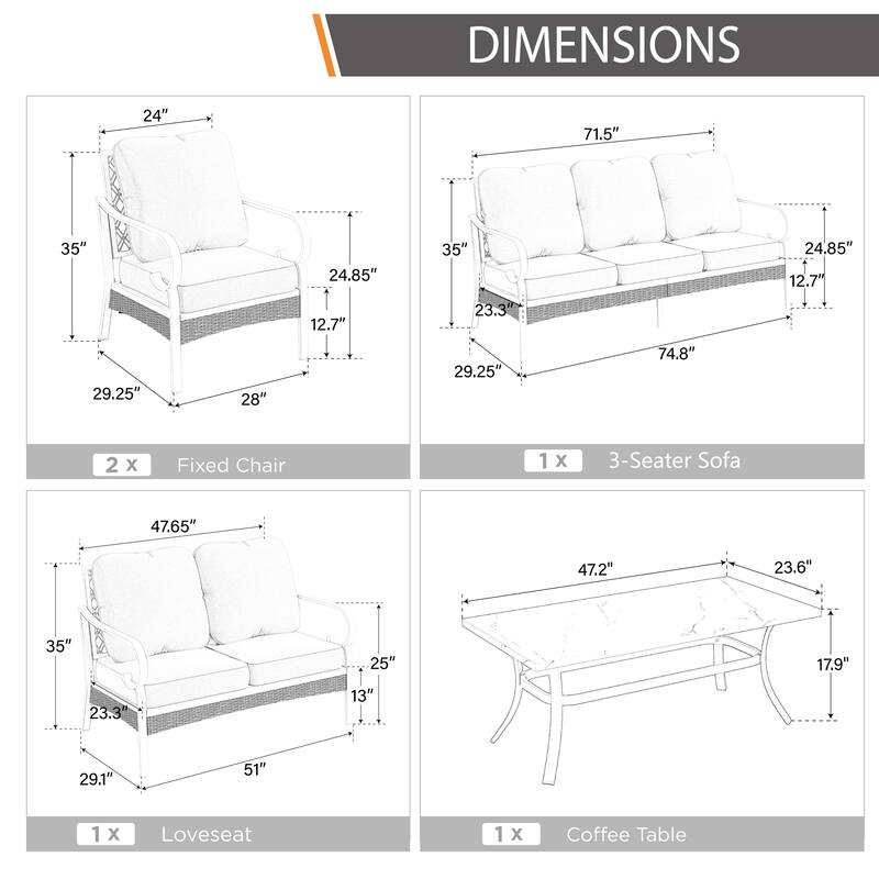 MAISON ARTS 7-Seat Patio Conversation Set, 2/4 x Cushioned Metal Chair, 1 x 2-Seat Sofa,1 x 3-Seat Sofa with Coffee Table