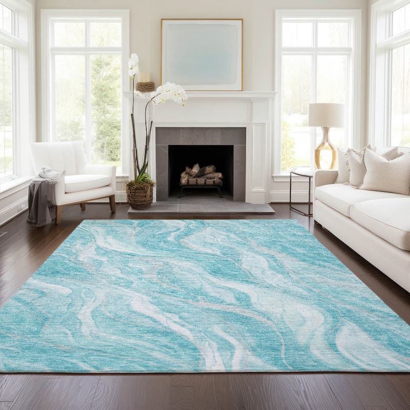 Machine Washable Indoor/ Outdoor Chantille Moden Waves Rug - Teal - 5' x 7'6"