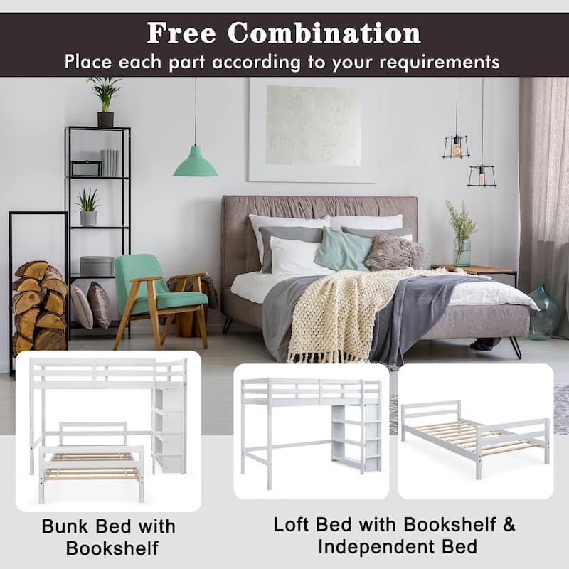 Costway Twin Over Twin Loft Bunk Bed Wood w/Bookcase Guardrail Ladder - 79.5'' x 44'' x 58.5''